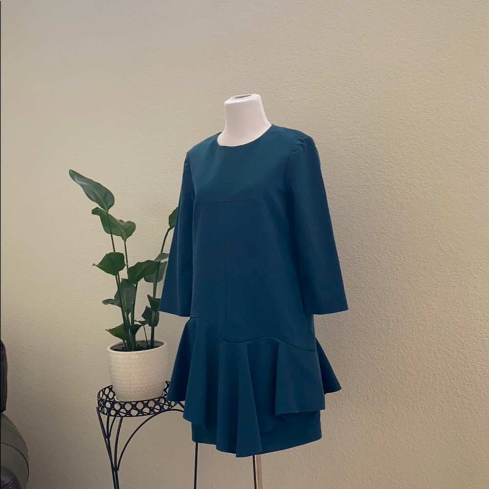 Tibi Designer Ruffle Agathe Layered Dress Zip Stretchy Teal Blue Dressy - Picture 3 of 14